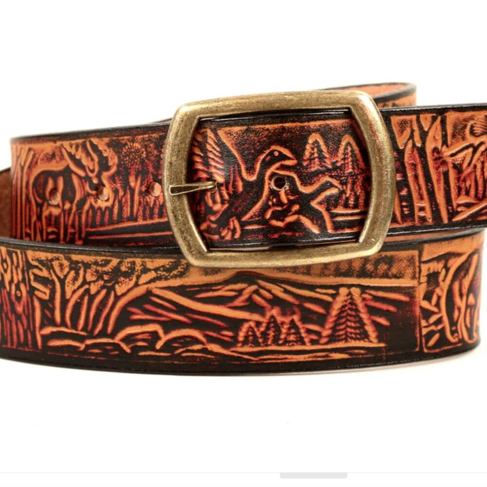 Marakesh Leather Wildlife Scene Wide Leather Belt - 1.5'' (standard jean width)